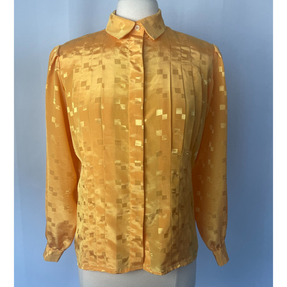 Vintage Blouse Size 8 Yellow Gold Jacquard Long Sleeve Button Office Secretary - Picture 1 of 15
